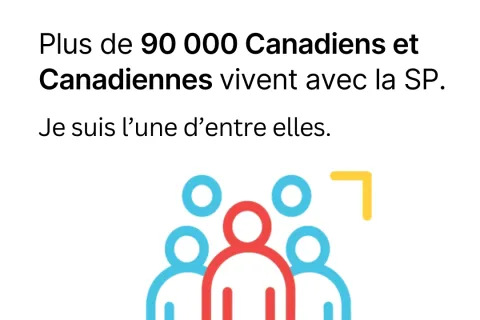 Graphic promoting MS awareness, showing stylized figures in red, blue, and yellow with SP Canada branding.