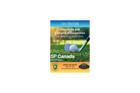 Affiche du tournoi de golf GP Canada, balle et tee sur parcours verdoyant.