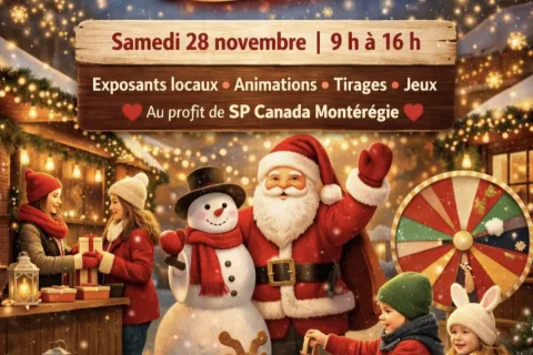 Festive poster for Marché de Noël 2026 with a snowman, children and gifts, Saturday November 28