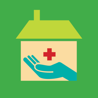 A drawing of a house with a healthcare cross in the middle.