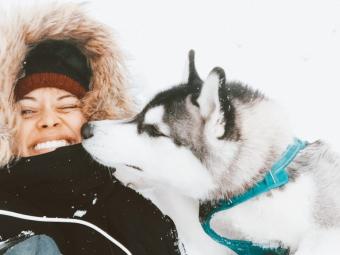 Imaan and her husky in the snow
