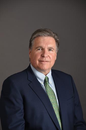 A man with short dark hair is wearing a dark blue suit with a green tie.