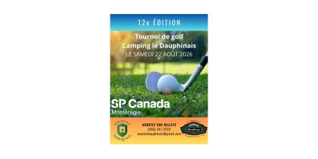 Affiche du tournoi de golf GP Canada, balle et tee sur parcours verdoyant.