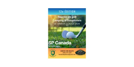 Affiche du tournoi de golf GP Canada, balle et tee sur parcours verdoyant.