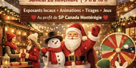 Festive poster for Marché de Noël 2026 with a snowman, children and gifts, Saturday November 28