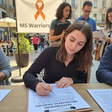 Woman signing a document at an outdoor MS Warriors awareness event table.