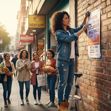Woman on a stepladder posting a flyer on a brick wall, with a group of women watching on a city sidewalk.