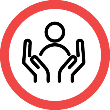 Graphic of two hands cradling a person figure inside a red circle.