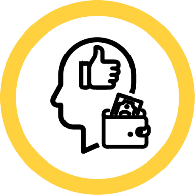 Graphic of a head silhouette with a thumbs up and a wallet icon inside a yellow circle.