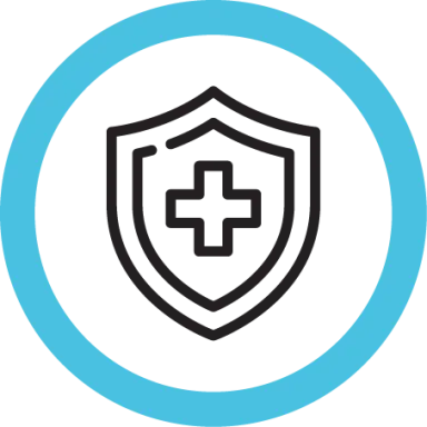Graphic of a medical shield with a cross symbol inside a blue circle.