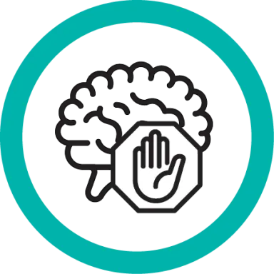 Graphic icon of a brain with a stop hand sign, enclosed in a teal circle.