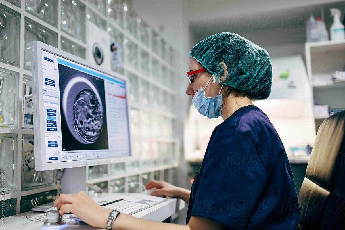 Medical person looking at computer