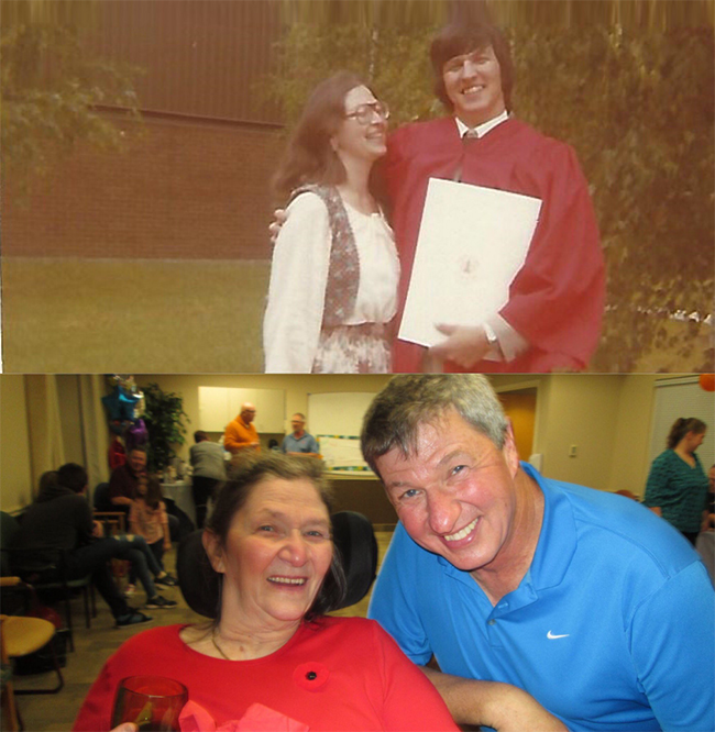 An older photo of Barry smiling at graduation with his arm around a woman. Below, a more recent photo of the two smiling together.