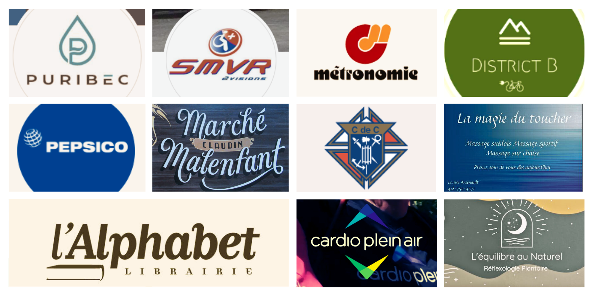 PURIBEC, SMVR 2 VISIONS, métronomie, DISTRICT B, PEPSICO, marché CLAUDIN malenfant, C de C, La magie du toucher, l'Alphabet LIBRAIRIE, cardio plein air, L'équilibre au Naturel Réflexologie Plantaire