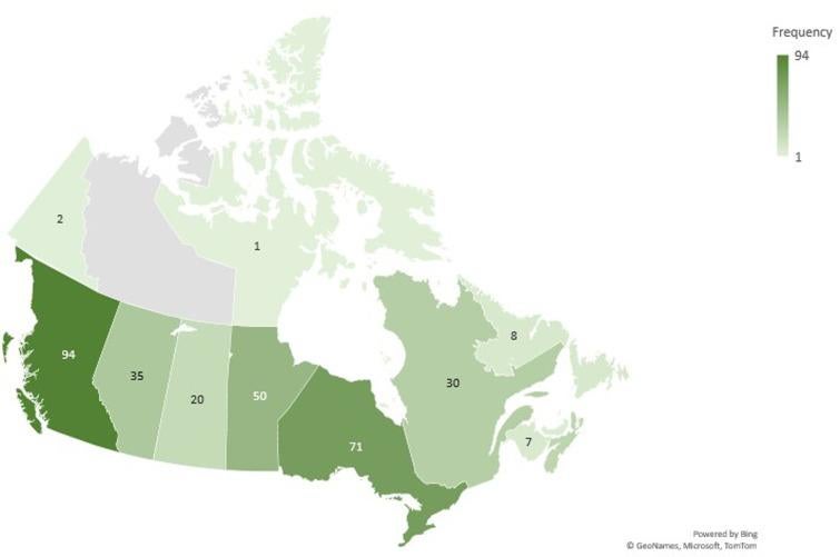 Geographic distribution of studies involving people with MS and CIS in Canada.