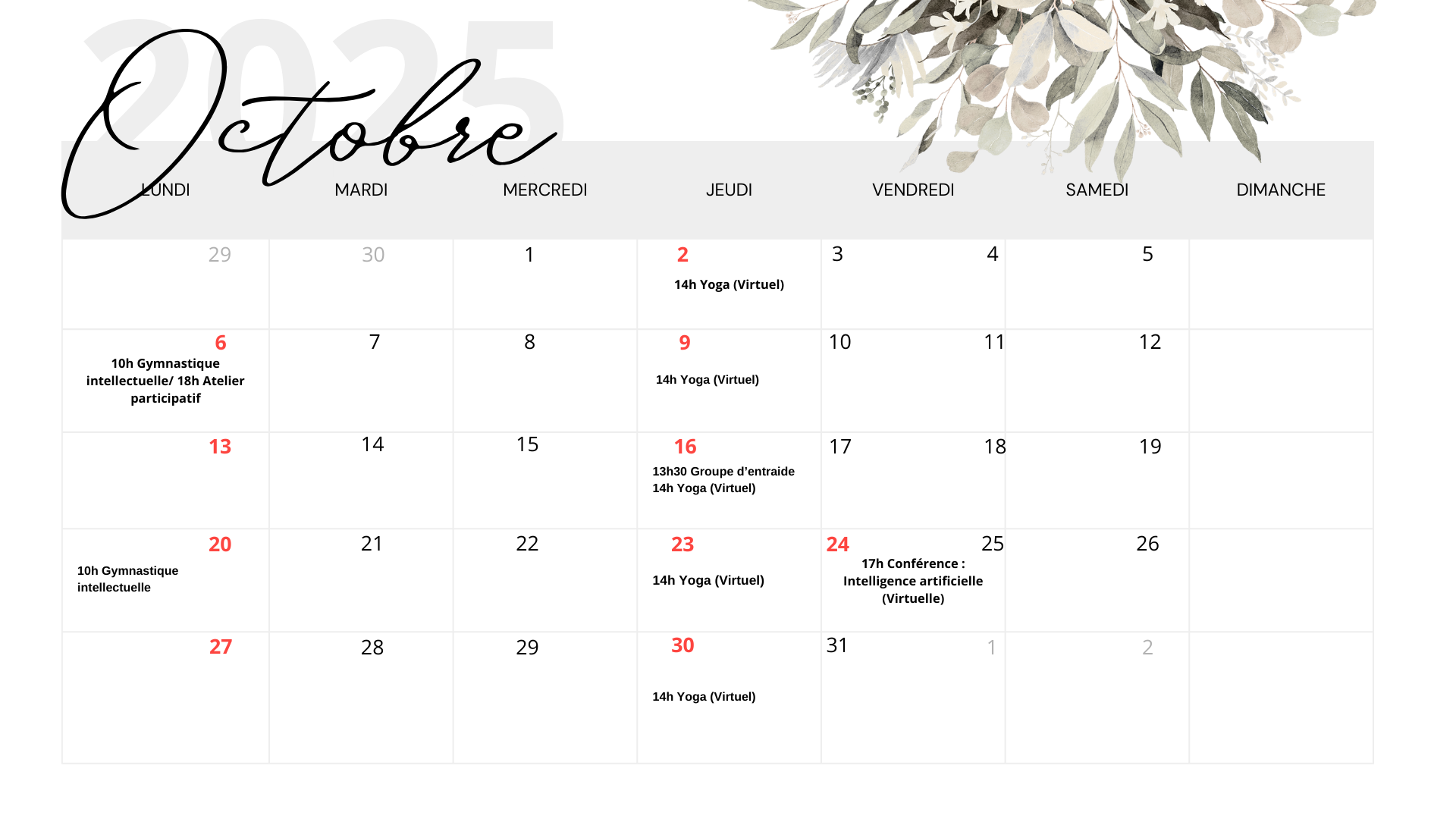 SP Canada Montérégie - Calendrier activités Octobre 2025