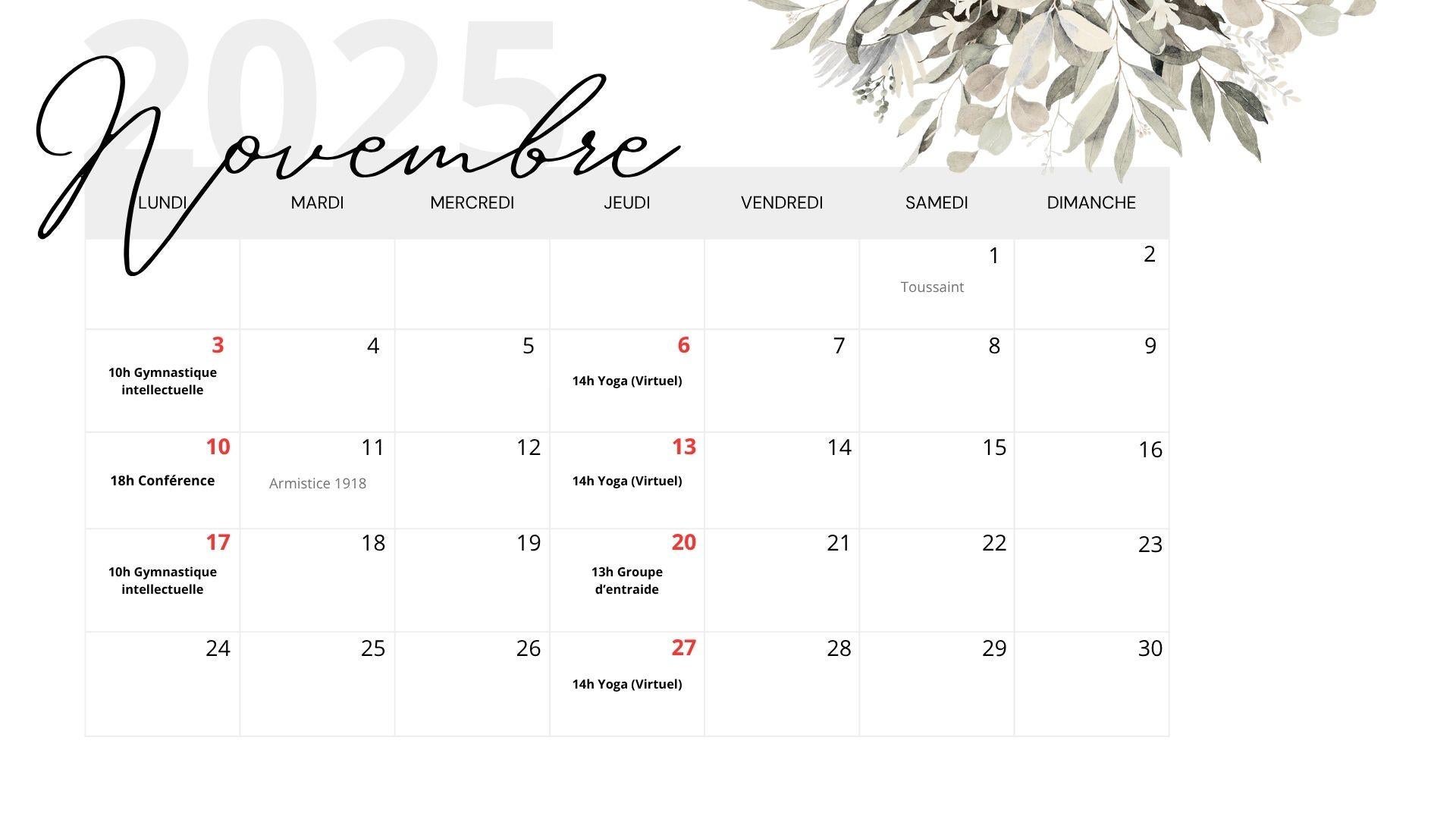 Montérégie - Calendrier novembre 2025