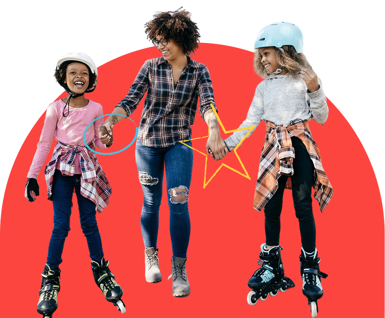 Three smiling people roller skating together, holding hands, against a red circle background.