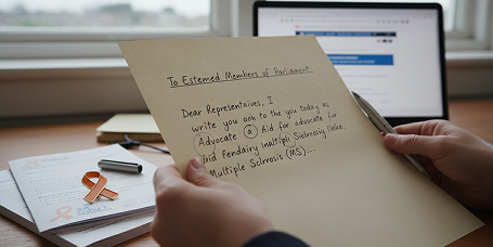 Hands holding an open handwritten letter in cursive on beige paper at a desk.