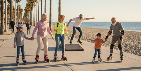 Family of five rollerblading on a sunny beachside promenade lined with palm trees.