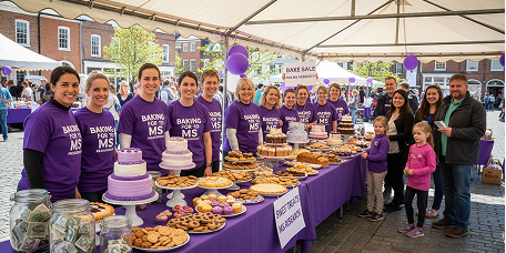 Group of volunteers in purple shirts standing behind a festive food table at an outdoor community event.