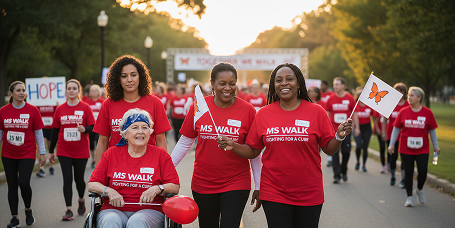 Group of smiling participants in red MS Walk shirts at an outdoor charity walk event.