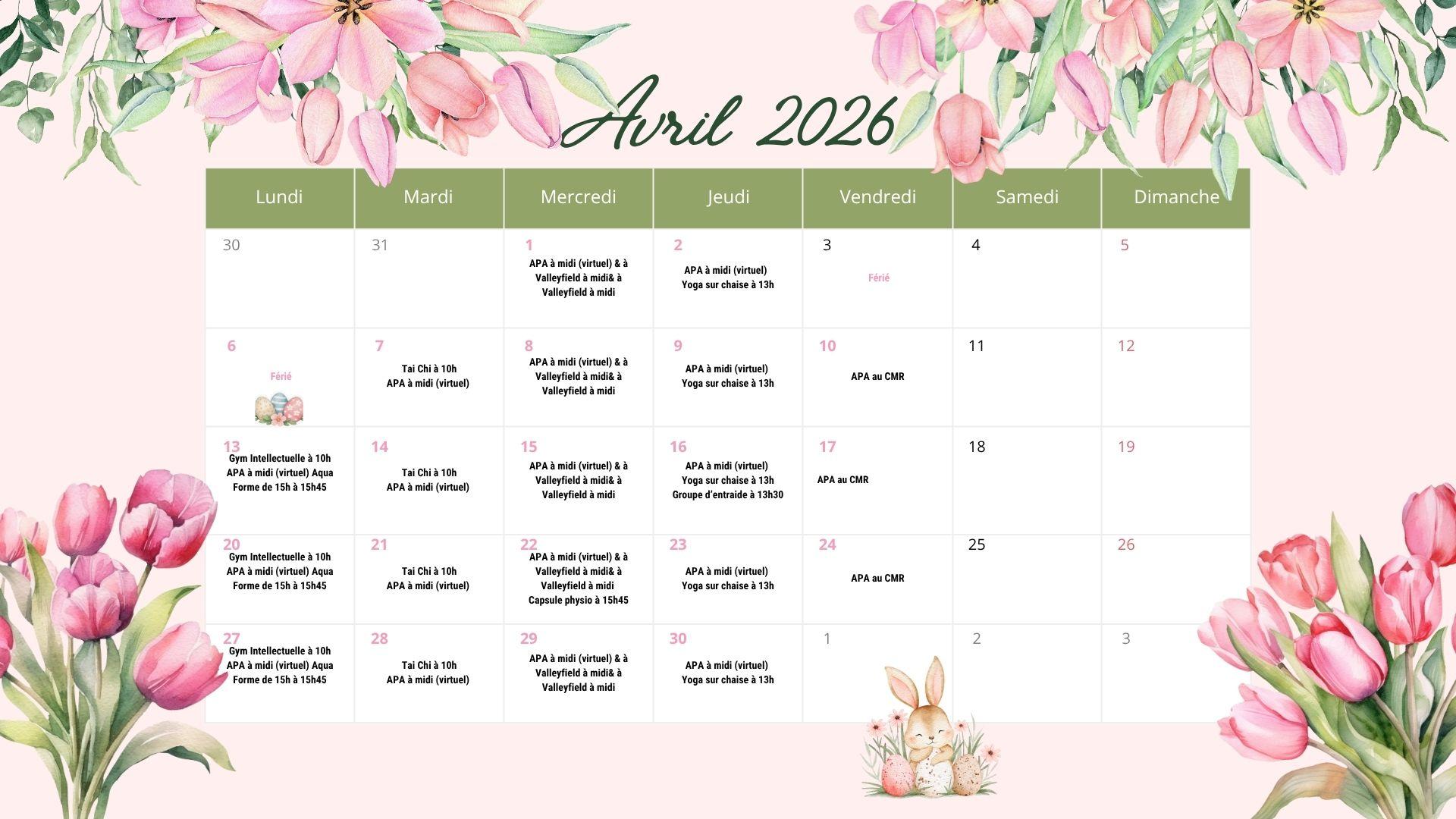 Calendrier d'avril 2026 décoré de tulipes roses et de fleurs printanières.