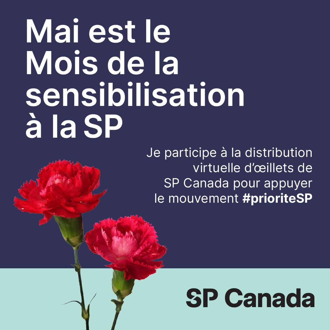 Graphic promoting MS Awareness Month in French, featuring red carnations and SP Canada logo.