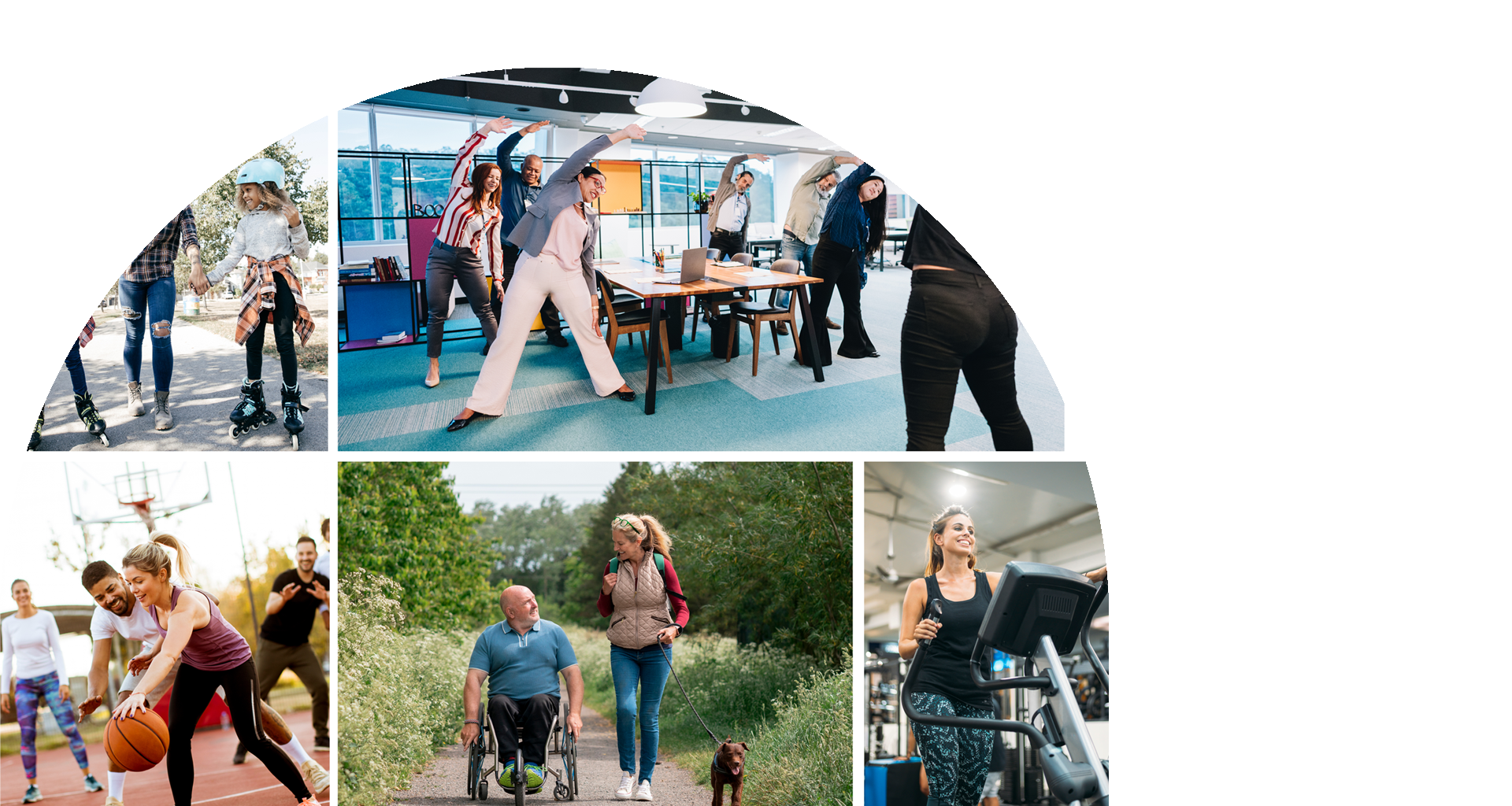 Collage of diverse people exercising outdoors and indoors, including a wheelchair user.
