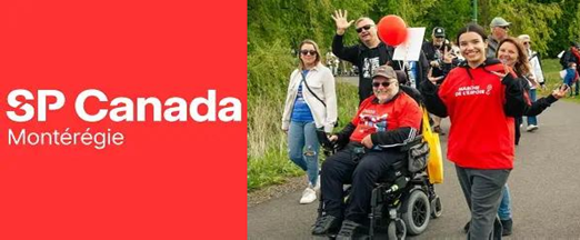 Person in wheelchair celebrating with raised fist, surrounded by smiling companions outdoors, SP Canada Montérégie logo.