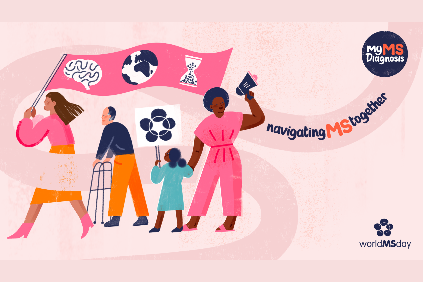 Graphic of diverse people marching with a flag, promoting World MS Day awareness.