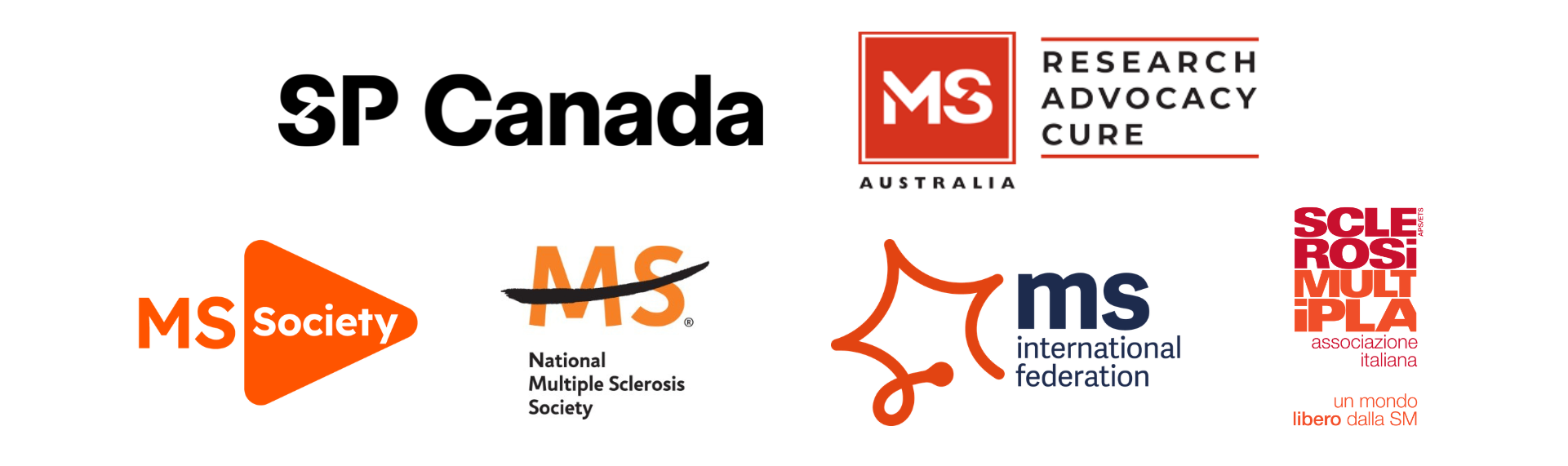 Logos of MS-related organizations: SP Canada, MS Research Advocacy Cure, MS Society, MS Society Canada, MS International Federation, and Sclérose en plaques.