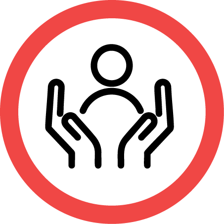Graphic of two hands cradling a person figure inside a red circle.