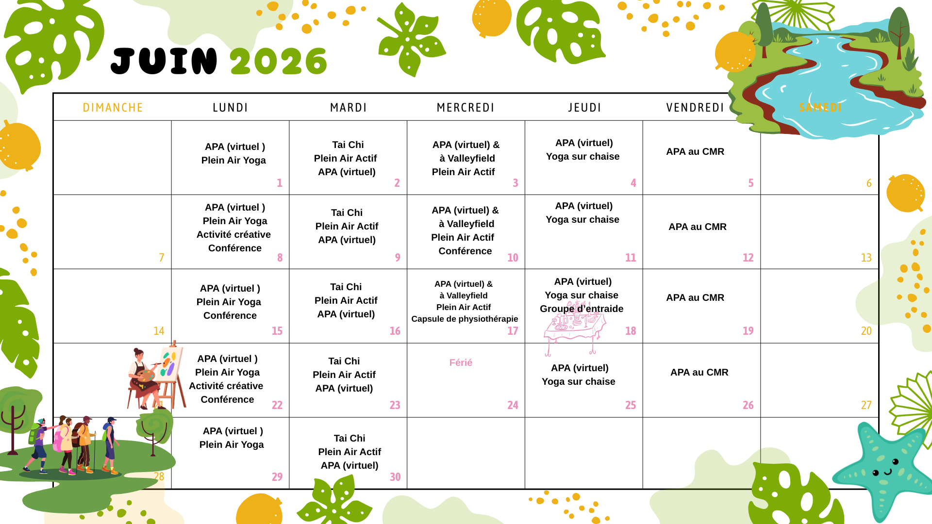 Calendrier du mois de juin 2026 avec illustrations tropicales colorées.
