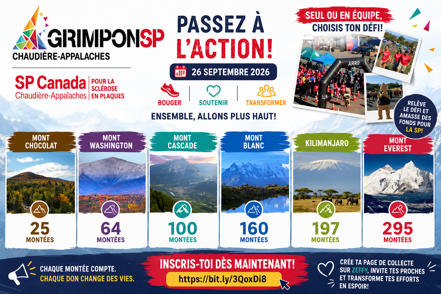 Promotional graphic for GrimponSP Chaudière-Appalaches virtual hiking challenge, featuring mountain icons and participant statistics.