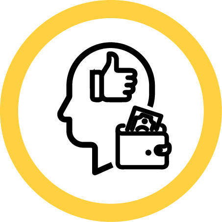 Graphic of a head silhouette with a thumbs up and a wallet icon inside a yellow circle.