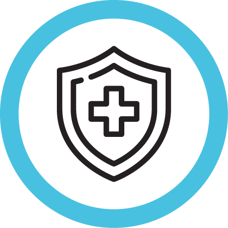 Graphic of a medical shield with a cross symbol inside a blue circle.