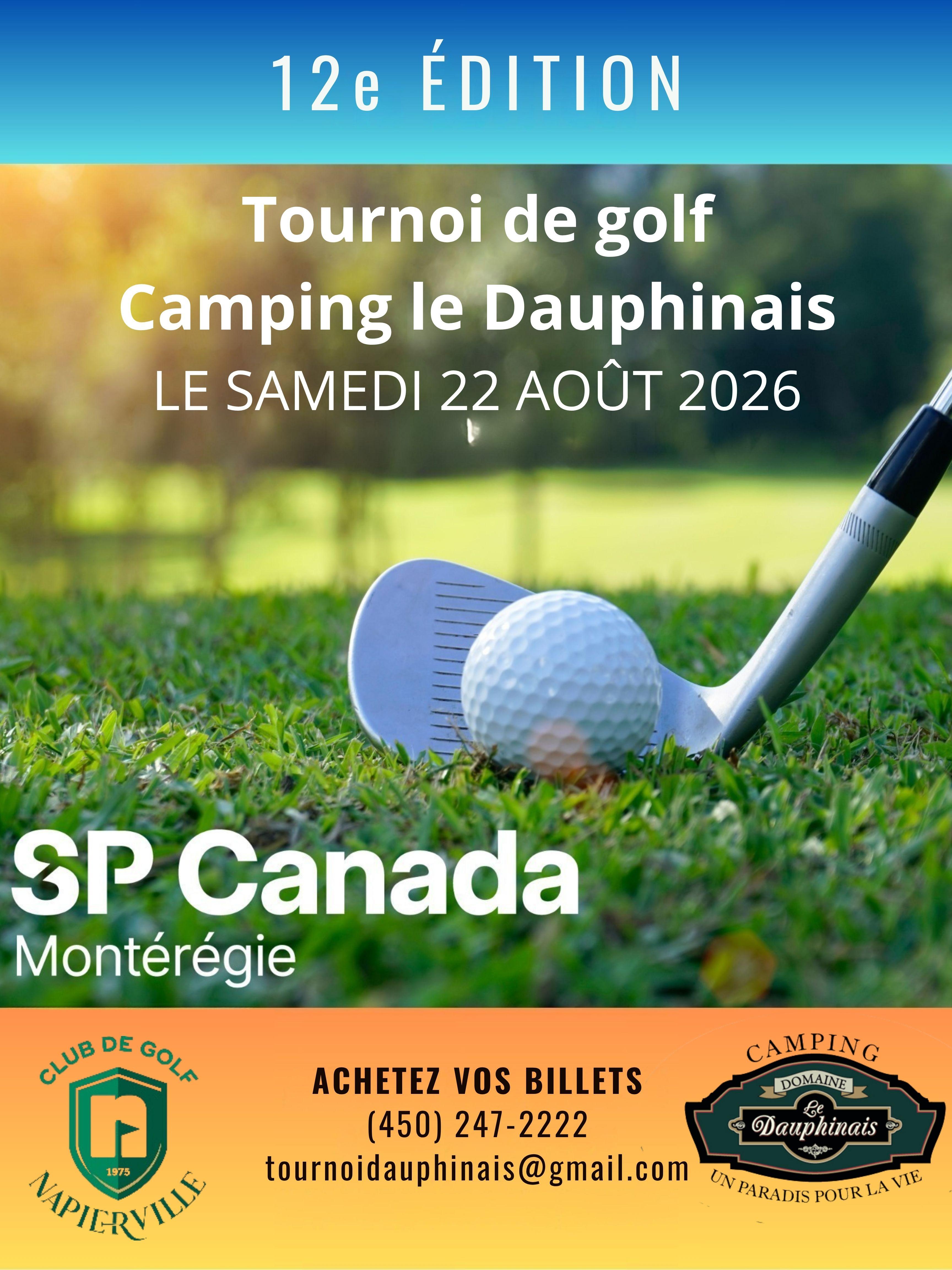 Graphic for 12th edition golf tournament at Camping les Dauphinais, Saturday August 22, 2026.