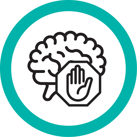 Graphic icon of a brain with a stop hand sign, enclosed in a teal circle.