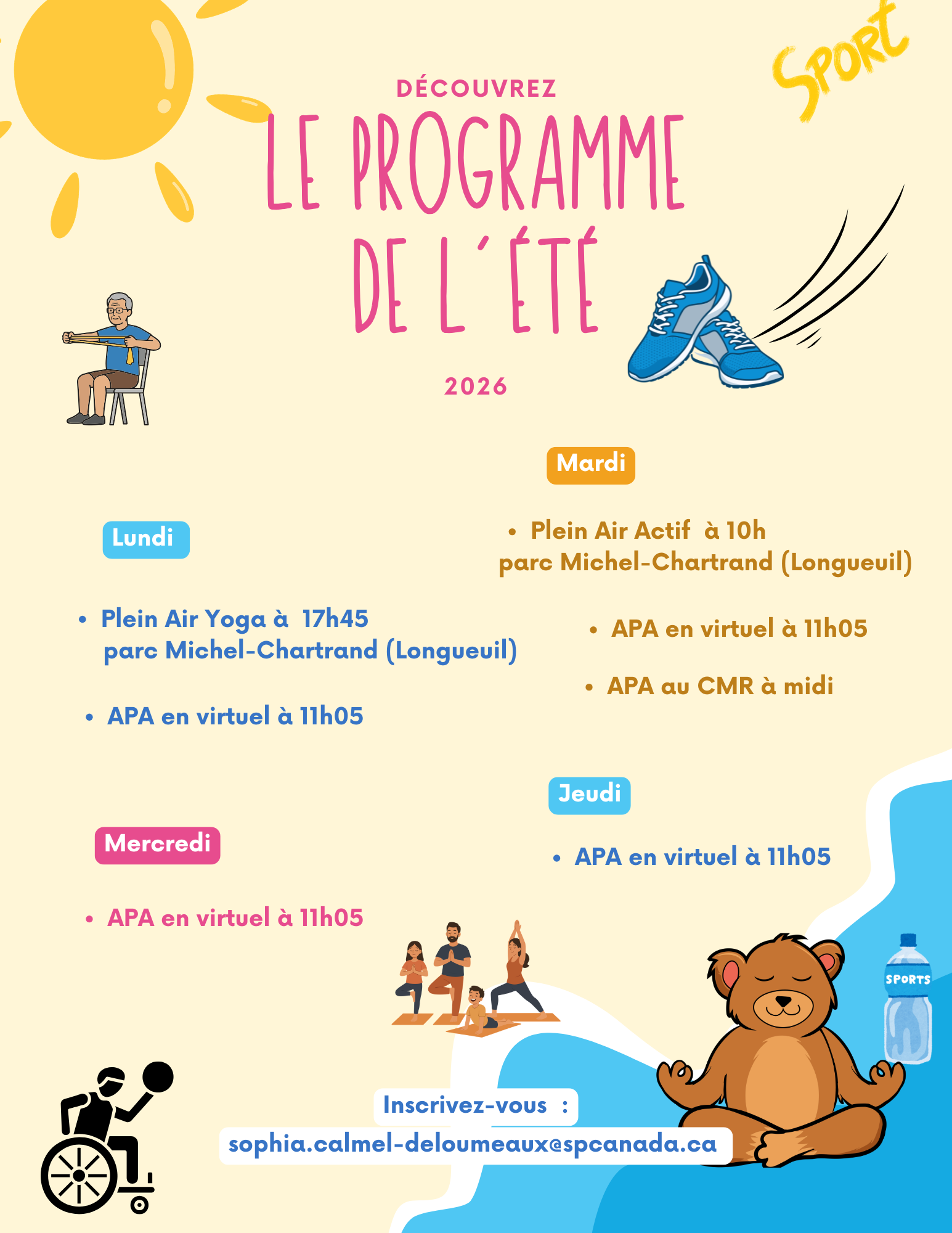 Affiche colorée du programme d'été comprenant des icônes de soleil, d'ours et de personne en fauteuil roulant sur un fond jaune.