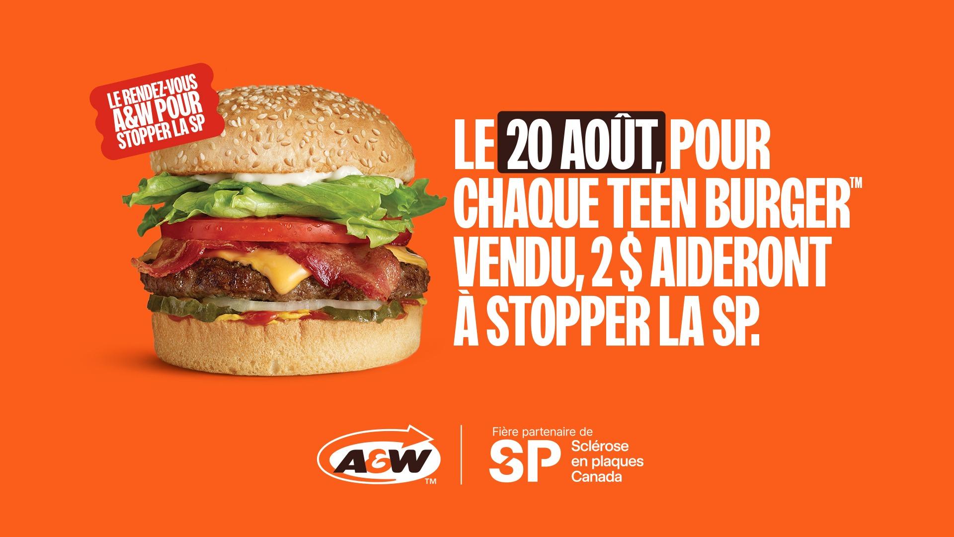 A&amp;W Teen Burger on orange background with French text promoting a $2 MS Society donation campaign.