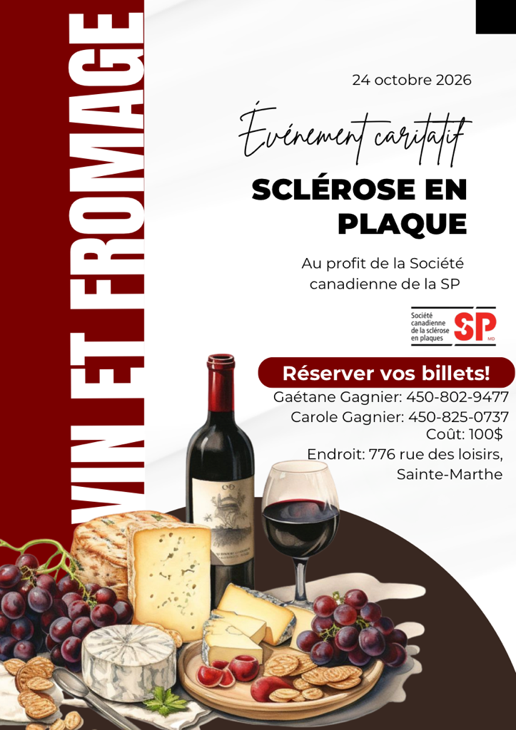 French charity event flyer for "Sclérose en Plaque" featuring wine and cheese imagery.