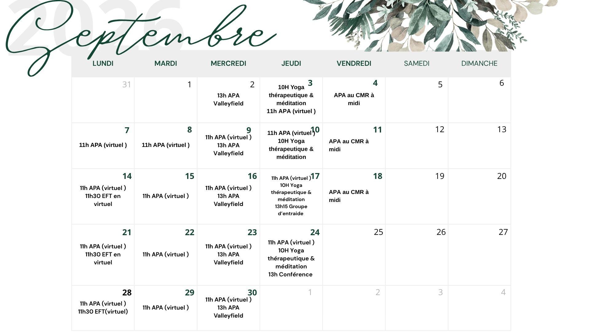 September calendar with green floral decorations in the top corner.