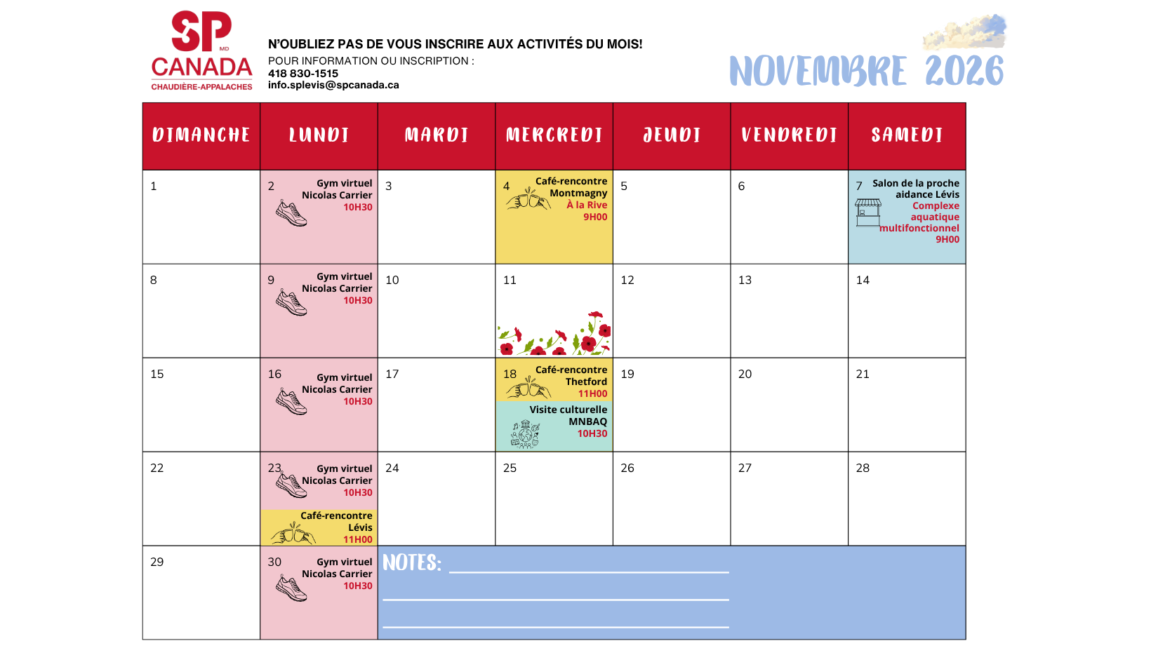 Graphic of a November 2020 monthly calendar from SP Canada Chaudière-Appalaches