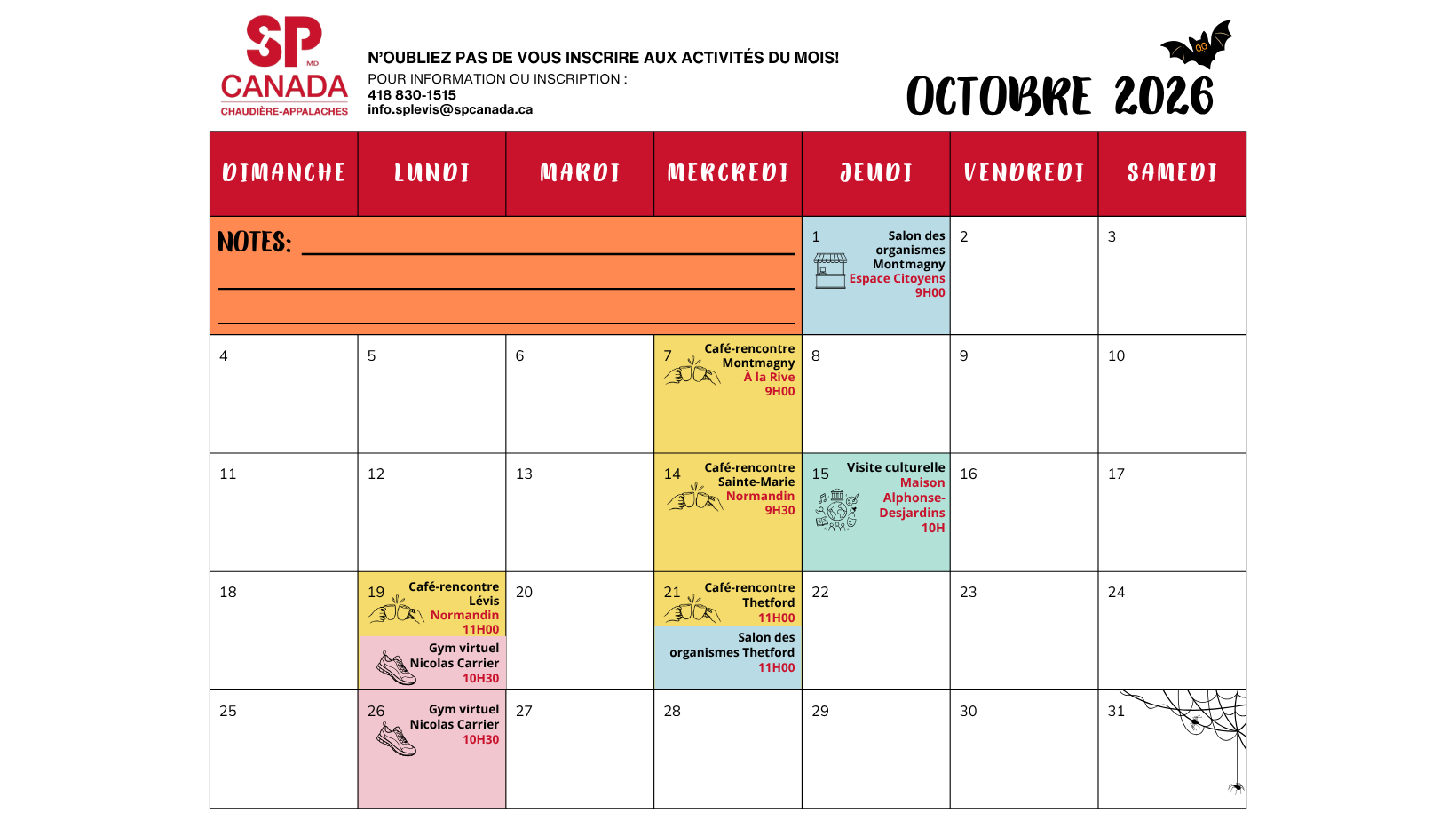 Graphic of an October 2026 calendar from SP Canada Chaudière-Appalaches