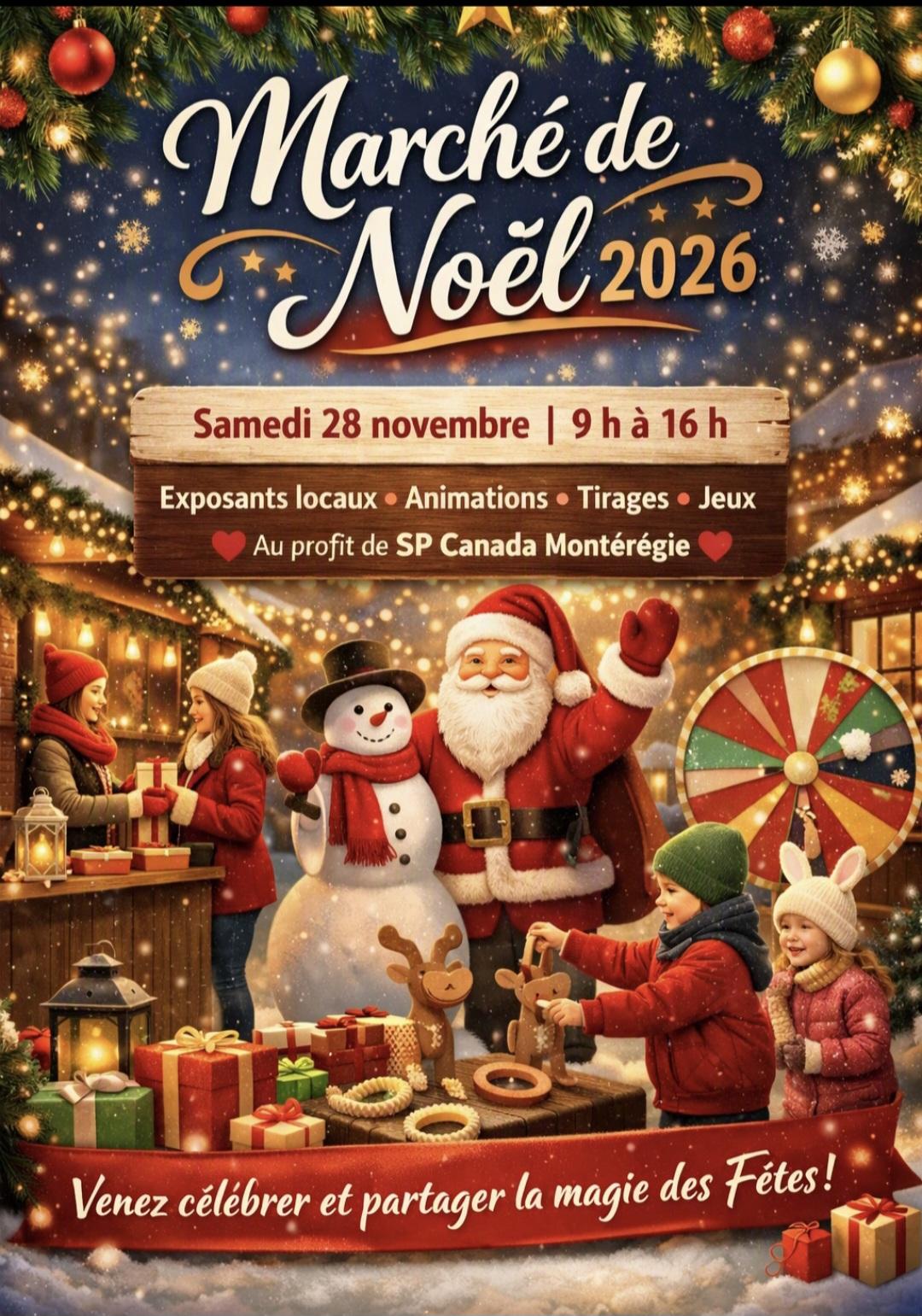 Festive poster for Marché de Noël 2026 with a snowman, children and gifts, Saturday November 28
