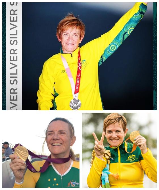 Collage de trois photos de Carol. Sur chacune des photos, elle est vêtue d’habits verts et jaunes de l’équipe australienne et elle porte une médaille à son cou.