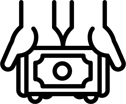Black line icon of two open hands holding a banknote, representing giving money