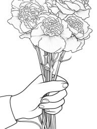 Line drawing of a hand holding a bouquet of carnation flowers.