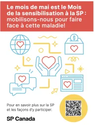 Graphic promoting MS Awareness Month in French, featuring colorful heart and medical icons with a QR code.